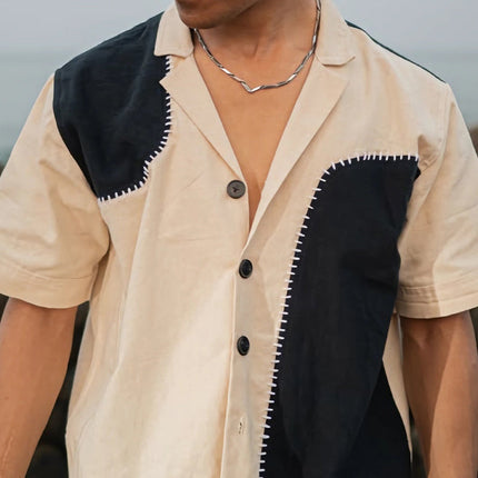 Men's Cotton Shirt | Casual Loose Fit | Contrast Patchwork Design | Short Sleeves | Breathable Fabric | Comfortable Streetwear | Turn-Down Collar | Premium Quality | Fashionable and Unique Style | Versatile Men's Top
