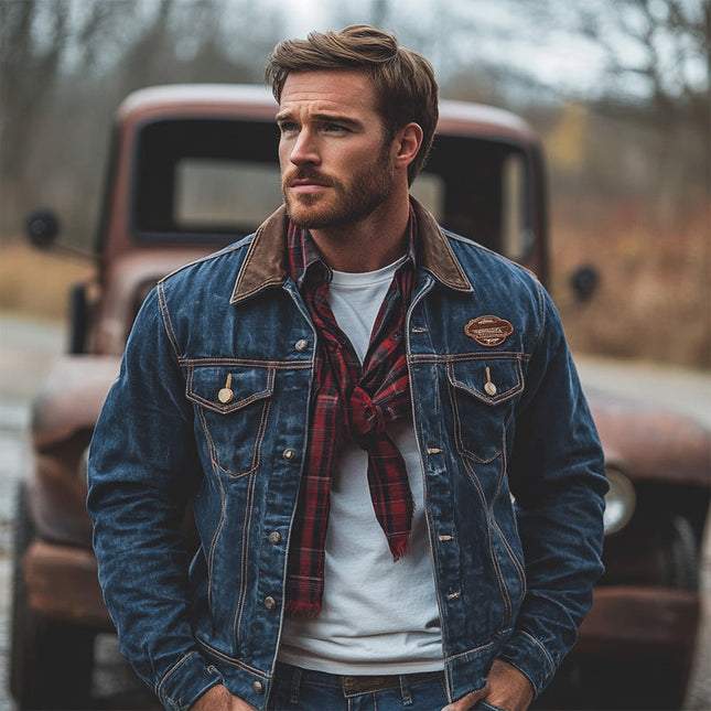 Men's Vintage Dark Blue Denim Jacket | Washed Classic Style | Full-Length Sleeves | Point Collar | Premium Quality Fabric | Versatile Layering | Metal Button Closures | Sizes S to 3XL | Stylish Outerwear