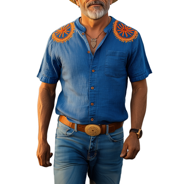 Men's Cowboy Retro Embroidered Shirt | Spring Summer Short Sleeve | Stand-Up Collar | Cotton Linen Blend | Casual Vacation Style | Breathable & Lightweight | Western Inspired | Refined Detailing