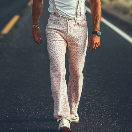 Men's Overalls | Spring and Summer Fashion | Retro Western Cowboy Style | Washed Denim with Pink Leopard Print | Detachable Straps | Unique Personality | Stylish and Functional