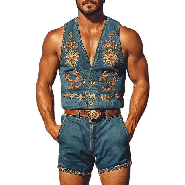 Men's Summer Jumpsuit | Retro Western Cowboy Embroidered Style | Breathable & Lightweight | Beltless Comfort | Functional Pockets | Versatile Styling | Ideal for Casual & Outdoor Activities | Fashionable Summer Outfit