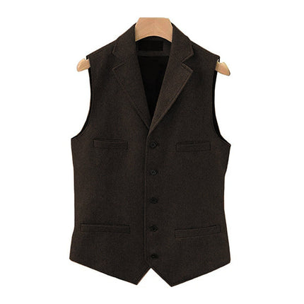 Men's Wool Blend Vest | Vintage Style | Single Breasted with Lapel | Slim Fit | Charcoal Navy Herringbone Patterns | Smart Casual Formal Wear | Adjustable Back | Functional Pockets | Year-Round Outerwear