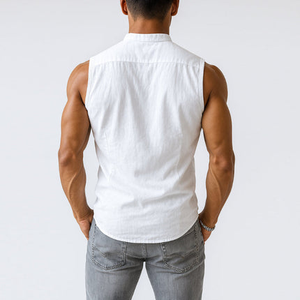 Men's Sleeveless Cotton Shirt | Stand Collar | Single Breasted | Casual Comfort | Breathable Fabric | Summer Wardrobe Essential | Stylish & Versatile | Easy Care | Comfortable Fit