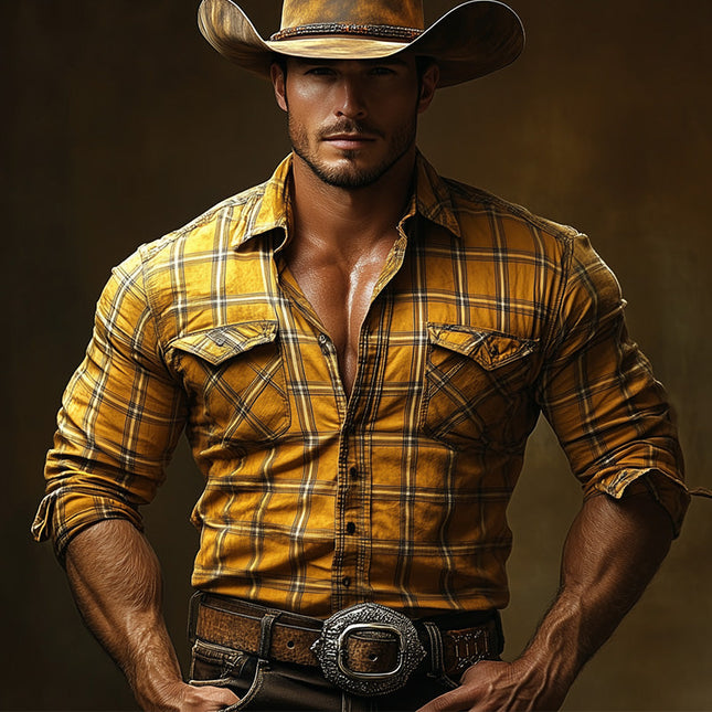 Men's Retro Yellow Check Shirt | Vintage Style Long Sleeve Button-Down | Breathable Comfort Fabric | Classic Pattern | Versatile Fit | Stylish Dress Shirt for Casual or Formal Looks