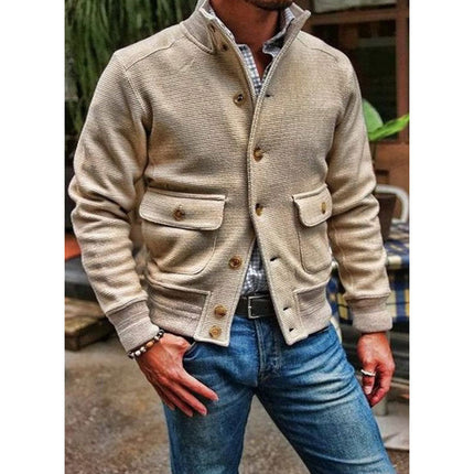 Men's Stand Collar Polyester Jacket | Solid Color | Single-breasted | Two Flap Waist Pockets | Machine Washable | Autumn Winter Spring | Street Beat Casual Biker Style