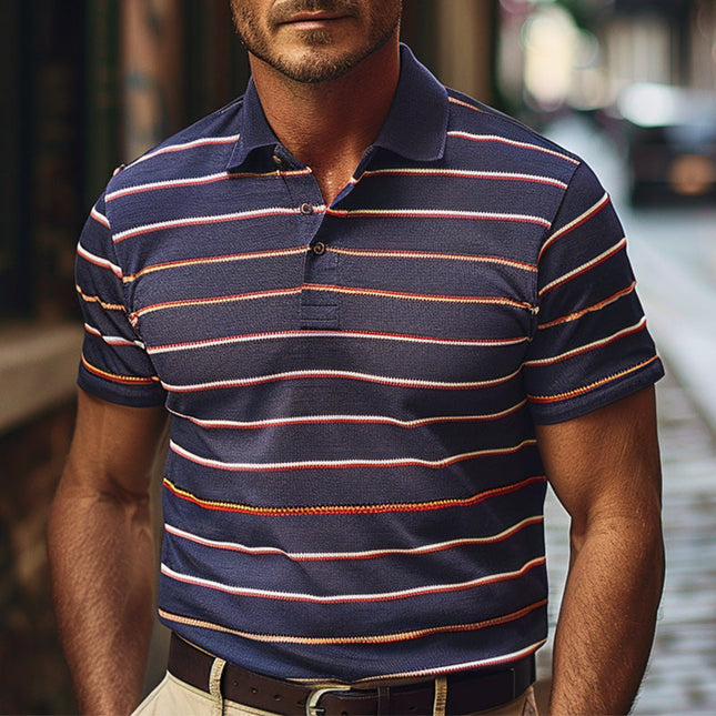 Men's Striped Short Sleeve Polo Shirt | Breathable Fabric | Classic Polo Collar | Navy with Vibrant Stripes | Casual Wear | Available in Sizes S-XXXL