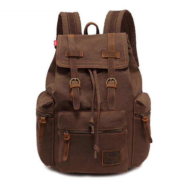 Vintage Canvas Backpack | Multi-Pocket Design | Water-Resistant Zippers | Durable High-Quality Fabric | PU Leather Straps | Adjustable for Comfort | Suitable for Hiking, Travel, School | Fits Laptops | 28x12x42cm