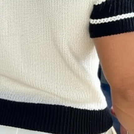 Men's Striped Jacquard V-Neck Slim Fit Short Sleeve Knitted Sweater | Casual Breathable Top | Versatile Fashion Layer | Soft Durable Fabric | Modern Outfit | Classic Design | Sizes Available