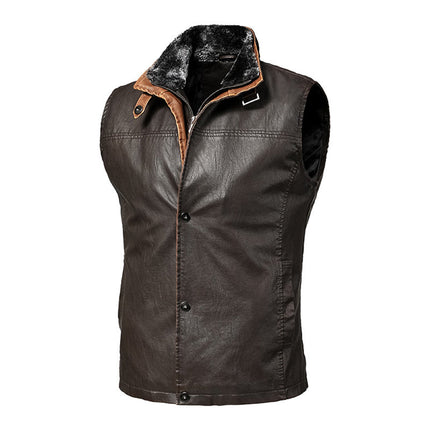 Men's Leather Vest | Soft Vintage Style | Double Layer Fleece Collar | Italian Calfskin Trim | Heavy-duty Brass Zipper | Antiqued Snaps | Multiple Pockets | Handcrafted Outerwear