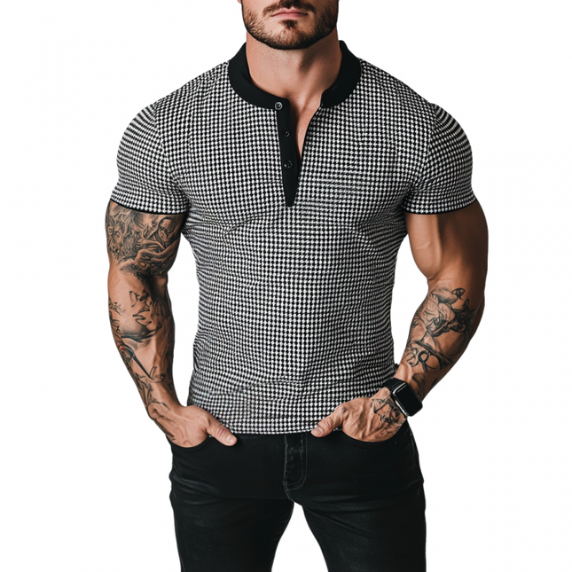 Men's Retro Houndstooth Patchwork T-Shirt | Henry Collar Slim Fit | Short Sleeve | Stylish Casual Top | Fashionable Men's Shirt | Comfortable Versatile Apparel | Modern Classic Design