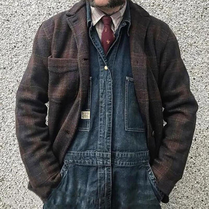 Men's Vintage Checkered Jacket | Retro Lapel Design | Loose Fit Outerwear | Durable Cotton Blend | Stylish Men's Jacket | Classic Checkered Pattern | Comfortable & Versatile | Timeless Men's Fashion