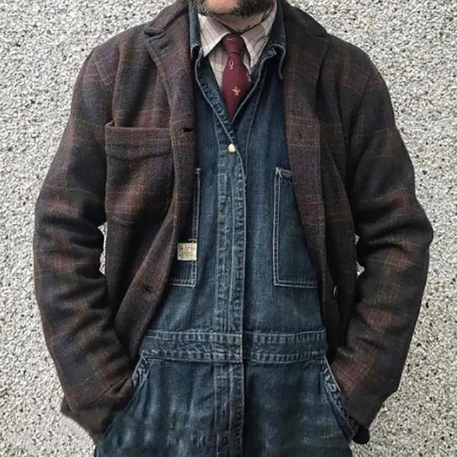 Men's Vintage Checkered Jacket | Retro Lapel Design | Loose Fit Outerwear | Durable Cotton Blend | Stylish Men's Jacket | Classic Checkered Pattern | Comfortable & Versatile | Timeless Men's Fashion