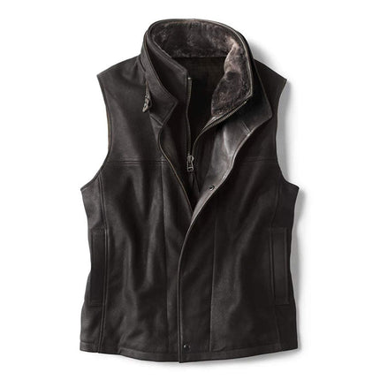 Men's Leather Vest | Soft Vintage Style | Double Layer Fleece Collar | Italian Calfskin Trim | Heavy-duty Brass Zipper | Antiqued Snaps | Multiple Pockets | Handcrafted Outerwear