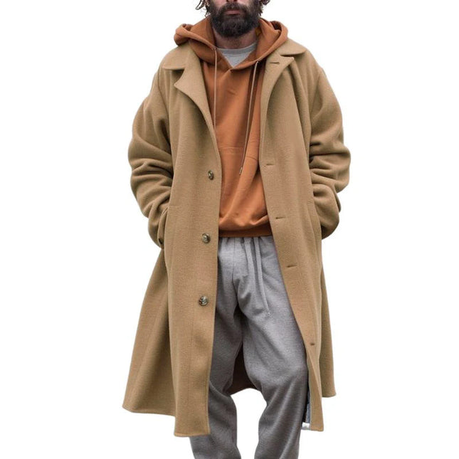 Men's Wool Blend Long Coat | Vintage Notched Lapel | Single-Breasted | Loose Fit | Full Coverage | Button Detailing | Deep Side Pockets | Fully Lined | Winter Outerwear | Classic Colors | Warm & Durable