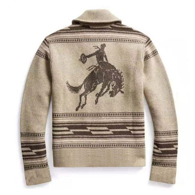 Men's Vintage Jacquard Cardigan | Lapel Collar | Single Breasted Knit | Soft Cotton Acrylic Blend | Intricate Pattern | Long Sleeves with Pockets | Easy Care | Multiple Sizes Available | Versatile Layering Piece