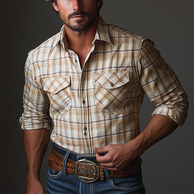 Men's Retro Long-Sleeve Plaid Shirt | Classic Checkered Design | Casual Smart Style | Durable Fabric | Comfortable Fit | Versatile Wardrobe Essential