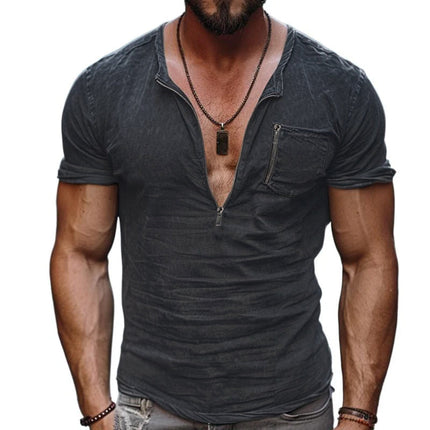 Men's Cotton T-Shirt | Washed Zippered Neck | Patch Pocket | Short Sleeve | Casual Slim Fit | Soft Breathable Fabric | Durable Comfortable Wear | Vintage Look | Machine Washable