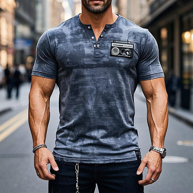 Men's Tie-dye V-neck Henley T-shirt | Short Sleeve Graphic Print | Casual Style | Button Closure | Soft Breathable Fabric | S-XXXL