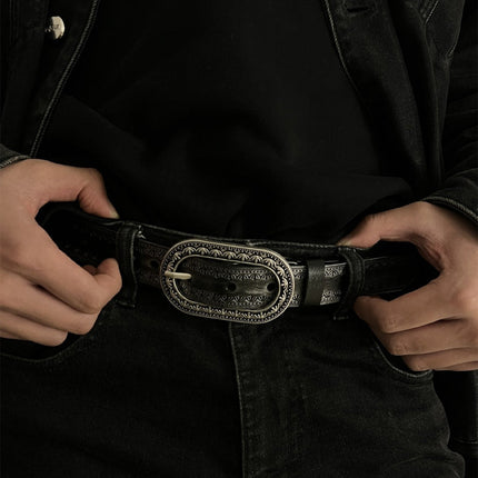 Men's Vintage Distressed Genuine Leather Belt | Engraved Embossed Design | High-Quality Material | Classic Buckle | Stylish & Durable | Versatile for Casual & Semi-Formal Outfits | Multiple Sizes Available