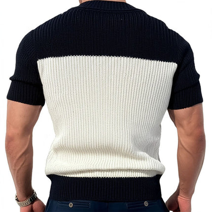 Men's V-Neck Slim Fit Knitted Sweater | Contrast Color | Short Sleeve | Casual Tops | Stylish Design | Premium Quality | Versatile Men's Apparel | Short Sleeve Knitwear