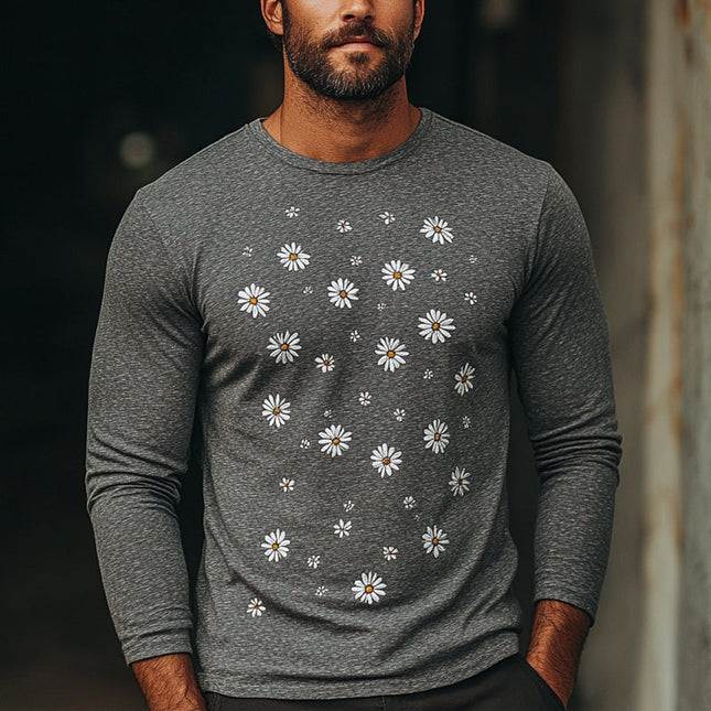 Men's Crew Neck Long Sleeve T-shirt | Daisy Embroidery | Soft Blended Fabric | Comfortable Breathable Fit | Casual Style for Every Occasion | Sizes S-3XL | Versatile Layering Shirt