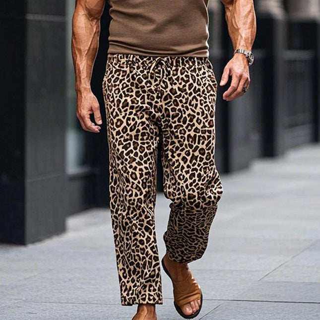 Men's Fashion Leopard Print Pants | Casual Elastic Waist Trousers | Adjustable Drawstring | Full-Length | Versatile Style | Multiple Sizes | Beige with Black Pattern