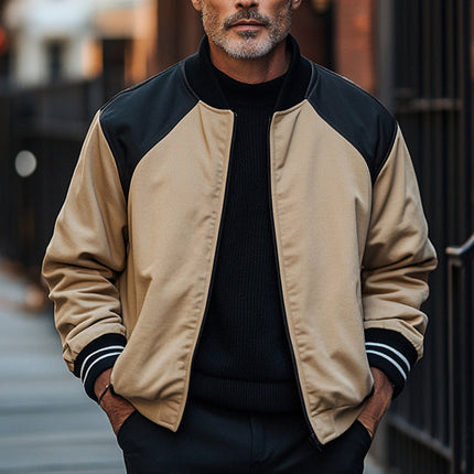 Men's Retro Baseball Jacket | Black Camel Colorblock | Zipper Front | Long Sleeve | Ribbed Collar and Cuffs | Casual Outerwear | Vintage Inspired | Regular Fit | Versatile Style
