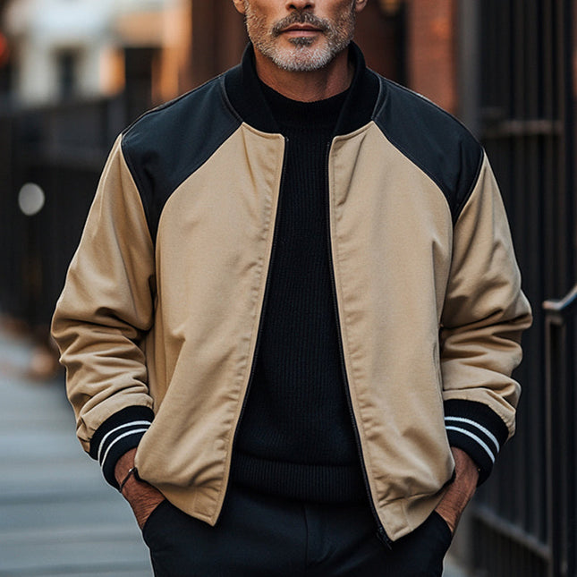 Men's Retro Baseball Jacket | Black Camel Colorblock | Zipper Front | Long Sleeve | Ribbed Collar and Cuffs | Casual Outerwear | Vintage Inspired | Regular Fit | Versatile Style
