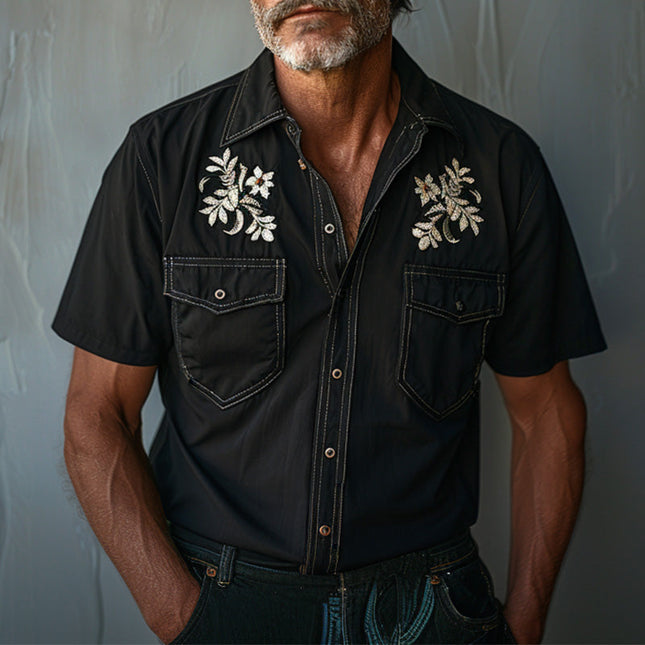 Men's Western Light Denim Short Sleeve Shirt | Floral Embroidered | Casual Point Collar | Size S-XXXL | Summer Fashion | Comfortable Fabric