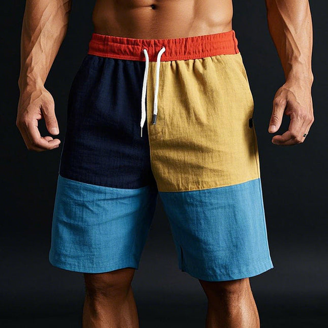 Men's Linen Casual Shorts | Contrast Color Block Design | Elastic Waist Drawstring | Breathable Lightweight Fabric | Navy Mustard Yellow Light Blue | Summer Beach Barbecue Hangout | Sizes S to XXXL