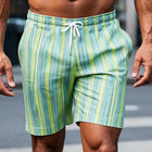 Men's Green Yellow Striped Casual Shorts | Elastic Waistband | Adjustable Drawstring | Above-the-Knee Length | Summer Beachwear | Lightweight Fabric | Sizes S-XXXL | Colorful Outdoor Shorts