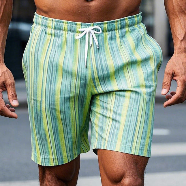 Men's Green Yellow Striped Casual Shorts | Elastic Waistband | Adjustable Drawstring | Above-the-Knee Length | Summer Beachwear | Lightweight Fabric | Sizes S-XXXL | Colorful Outdoor Shorts