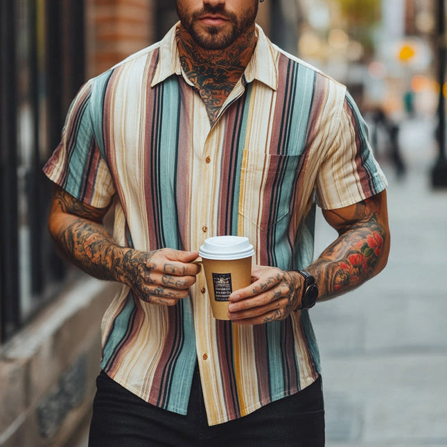 Men's Retro Colorblock Striped Shirt | Short Sleeve | Bold Vintage Style | Soft Cotton Blend | Lapel Neck | Casual Fit | Warm Weather | Eye-Catching Design | Machine Washable