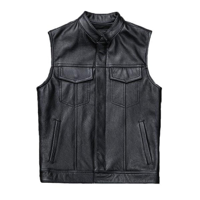 Men's Leather Vest | Cowboy Motorcycle Style | Genuine Cowhide Fabric | Soft Polyester Lining | Zipper Closure | Black Stitching | Multi-Pocket Design | V Neck | Casual Outerwear for Jeans & More