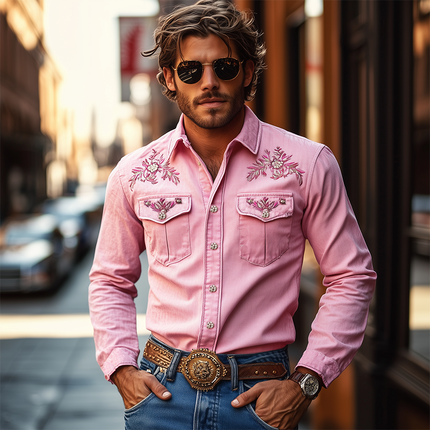 Men's Retro Western Shirt | Cotton Blend | Embroidered Long Sleeve | Classic American Style | Casual or Country Wear | Snap Buttons | Relaxed Fit | Breathable Fabric | Versatile Layering | Easy Care