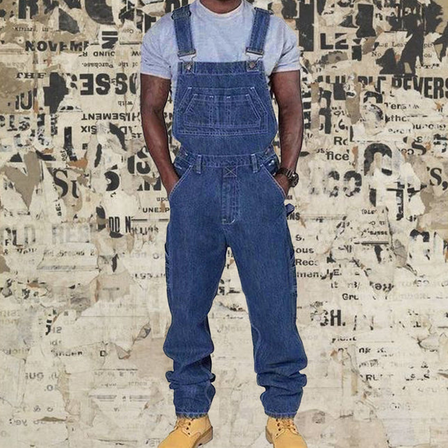 Men's Casual Washed Denim Overalls | Multi-pocket Design | Loose Fit | Adjustable Straps | Washed Vintage Look | Durable Cotton Denim | Functional Details | Versatile Style