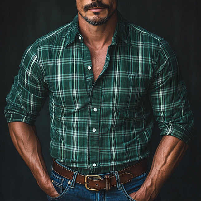 Men's Dark Green Check Shirt | Vintage Style Long Sleeve | Premium Cotton Blend | Classic Collar | Tailored Regular Fit | Dress Shirt