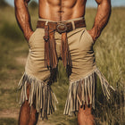 Men's Khaki Denim Style Fringe Shorts | Western-Inspired | Mid-Thigh Length | Relaxed Fit | Casual Summer Wear | Versatile Khaki Color | Fringe Detail | Durable Fabric | Comfort and Style | Multiple Sizes Available