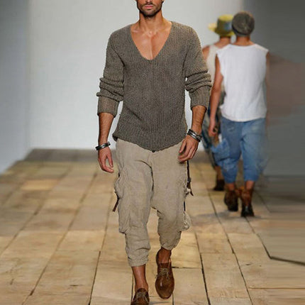 Men's V-Neck Solid Color Knit Pullover Sweater | Casual Loose Fit Knitwear | Soft Cotton Blend | Versatile Layering | Ribbed Cuffs & Hem | Machine Washable | Classic Style for Everyday Comfort | Available in Multiple Colors & Sizes