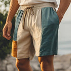 Men's Linen Shorts | Patchwork Design | Morandi Color | Elastic Waistband | Summer Casual Wear | Breathable Comfort | Sizes S-XXXL