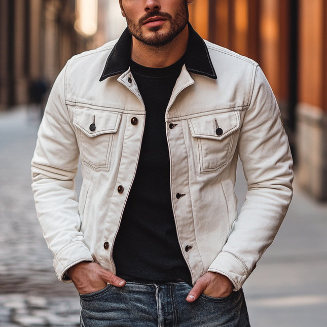Men's Vintage White Denim Jacket | Colorblock Collar | Retro Style | Classic Fit | Durable Cotton | Button Closure | Comfortable Outerwear | Versatile Casual Wear | Distinctive Fashion Statement