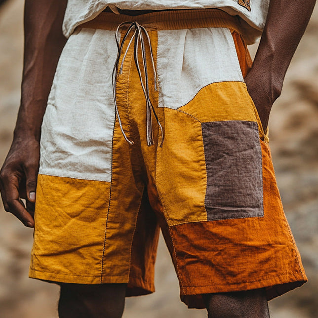 Men's Linen Shorts | Contrast Color Patchwork Design | Casual Elastic Waist | Breathable Summer Wear | Versatile for Beach & Outings | Sizes S-XXXL