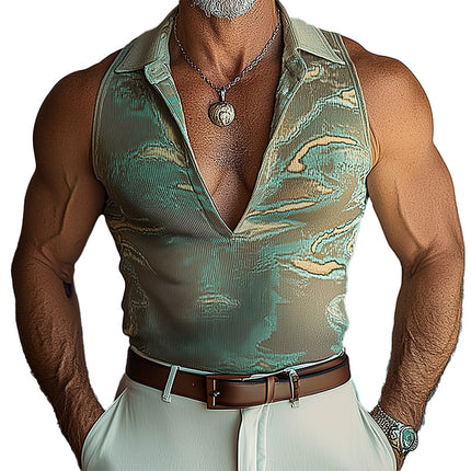 Men's Printed Stand Collar Vest | Slim Fit V-Neck | Lightweight Stretch Fabric | Casual Semi-Formal | S-XXXL Sizes | Contemporary Marble Design