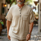 Men's Linen Henley Shirt | Casual Loose Fit | Short Sleeve | Comfortable Lightweight | Buttoned Placket | Breathable Fabric | Relaxed Neck | Chest Pocket | Versatile Style | Sizes S-XXXL