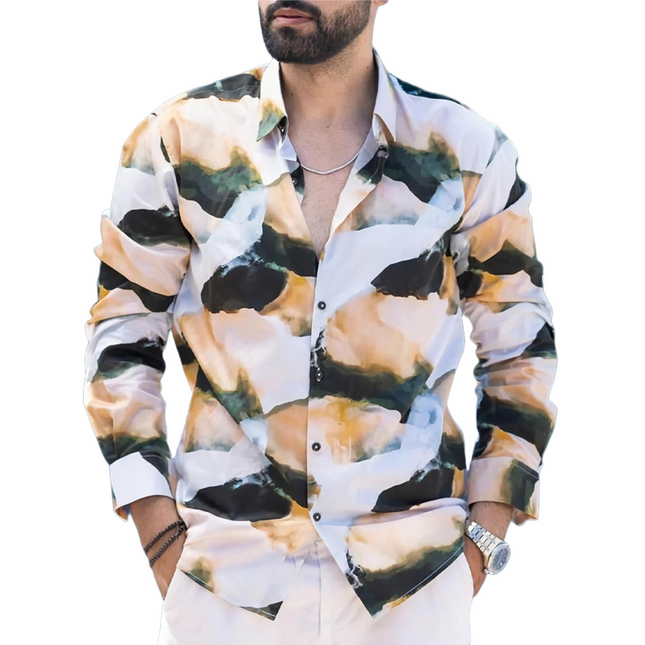 Men's Retro Colorblock Long Sleeve Shirt | Casual Cotton | Bold Print | Lapel Collar | Relaxed Fit | Button Down | Versatile Styling | Comfortable | High Quality Fabric | Perfect for Any Occasion