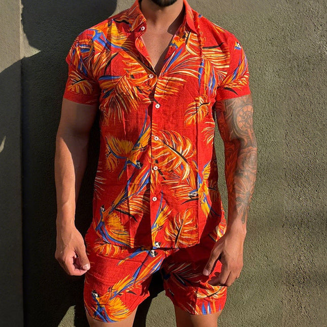 Men's Retro Hawaiian Floral Two-Piece Set | Casual Short Sleeve Shirt & Shorts | Lapel Collar | Relaxed Fit | Lightweight Breathable Fabric | Elastic Waistband | Ideal for Summer Parties & Beach Outings