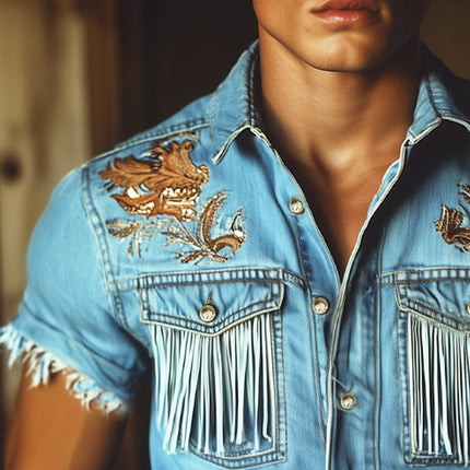 Men's Western Cowboy Denim Shirt | Embroidered Tassel Design | Short Sleeve | Classic Western Collar | Durable Soft Denim | Comfortable Fit | Sizes S-3XL | Rugged Western Aesthetic