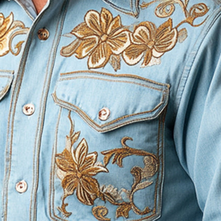 Men's Western Cowboy Style Denim Shirt | Thin Embroidered Long Sleeve | Lightweight Summer Apparel