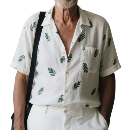Men's Short Sleeve Lapel Shirt | Leaves Print | Casual Lightweight Breathable Fabric | Relaxed Fit | Warm Weather | Stylish Outdoor Wear