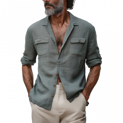 Men's Long Sleeve Shirt | Casual Slim Fit | Breathable Cotton Linen | Lapel Collar | Chest Pocket | Lightweight & Textured Fabric | Ideal for Casual Outings & Summer Events